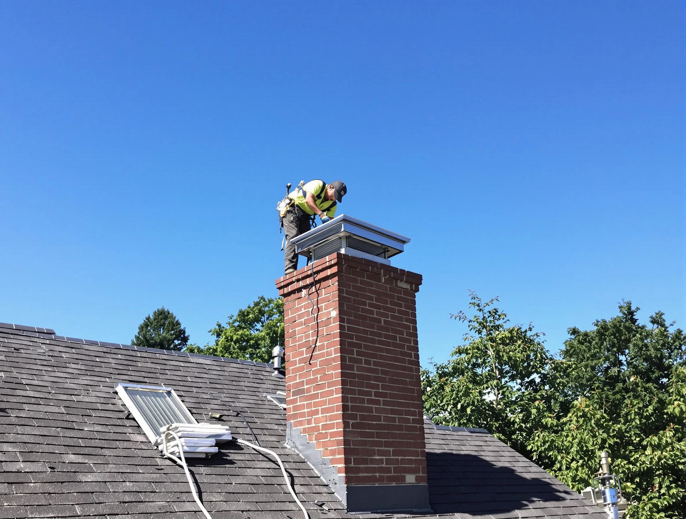 Los Lunas Chimney Sweep technician measuring a chimney cap in Los Lunas, NM